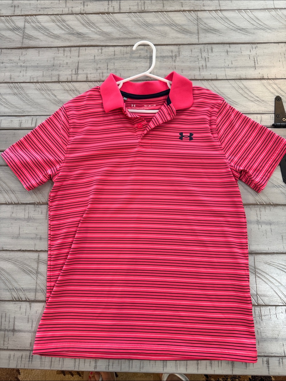Under Armour Bright Pink Striped Kids Polo with Navy Logo